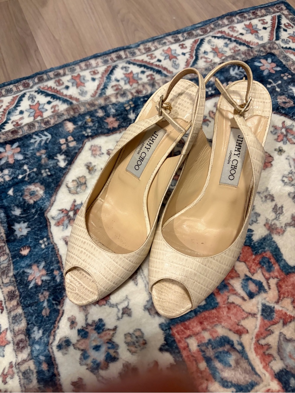 Jimmy Choo Cream Textured Peep-Toe Slingback Heels